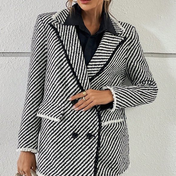 Black and White Casual Womens Striped Print Double Breasted Blazer - Picture 2 of 5